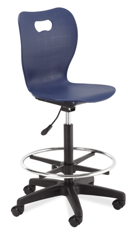 A gas lift chair with foot ring on casters with a navy seat.