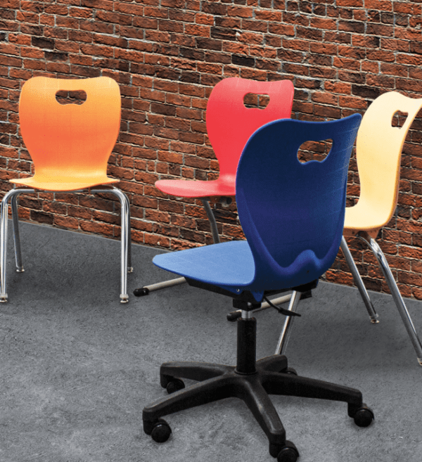 Navy gas lift chair in front of three different coloured four leg chairs.