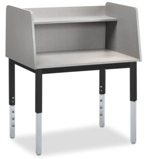 A laminate desk with high laminate sides and shelf for storage.