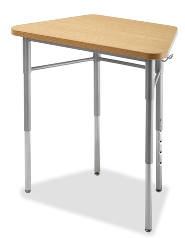 Trapezoidal shaped desk with laminate top. Pictured on a white background