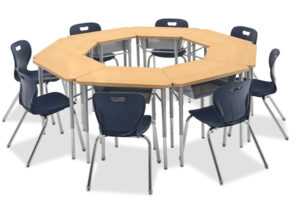 Trapezoidal Shaped desk in a circle of 8 desks with navy blue chairs. Pictured on a white background.