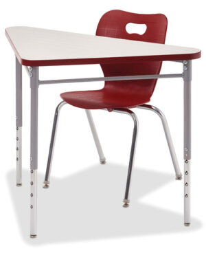 A isosceles triangle shaped desk with chair pictured on a white background.