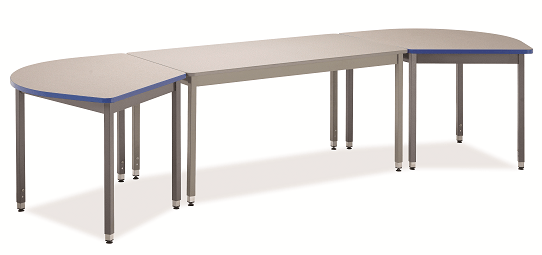 A regular rectangle shaped table with one fan shaped grizzly interactive table on either end. Pictured on a white background.