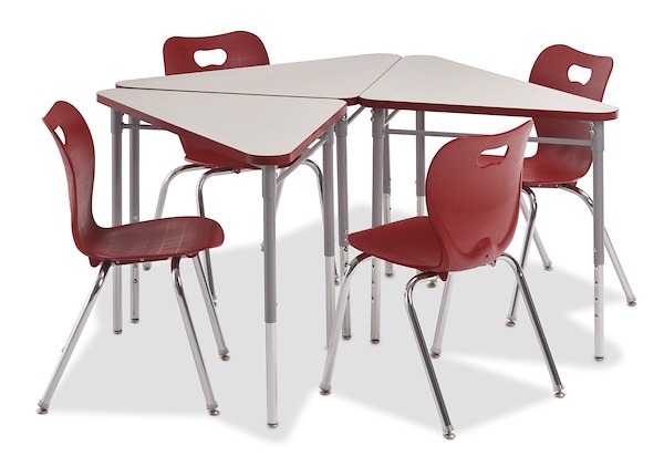 Isosceles Triangle shaped desk in a group of three, with chairs. The fourth chair has no desk. Pictured on a white background