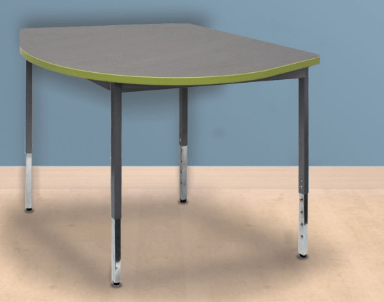 Fan Shaped table with dark grey frame in a rendered room with blue walls and maple floor.