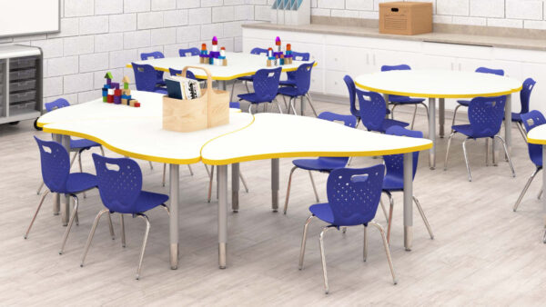 Classroom with various shaped tables.
