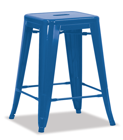 Rectangle top steel stool with rounded corners and steel legs.